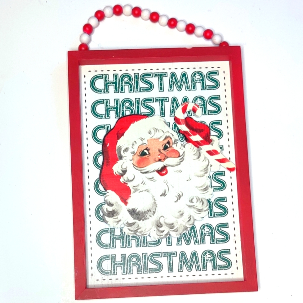 Retro Vintage Kitschy‎ Santa Claus Christmas Beaded Wooden Wall Decor Hanger